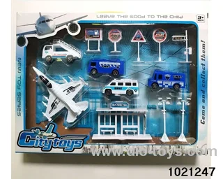Airport set (fighter plane back, car skidding) in window box