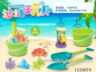 Green bucket with beach accessories + Small hourglass (9PCS)