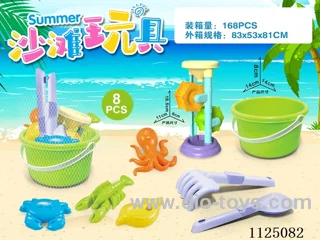 Green Bucket with beach accessories + Hourglass (8PCS)