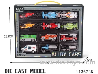 No. 9 1 each of 6 coloured fire engines + No. 10 4 formula cars + 1 red helicopter + 1 yellow helicopter