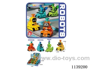 Push Robot Cartoon Car 12pcs (with candy) 4 colours, blue, orange, yellow, green, 4 mixes