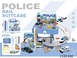 Storage Alloy Police Car Parking Lot Tote Bag (with 1 gold car) (with 1 set of road marking) (31 PCS)