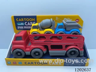 Lights & Sounds-Skidding Tractor-Trailer Transportation Vehicle (w/2 Mixers + Dumpers)