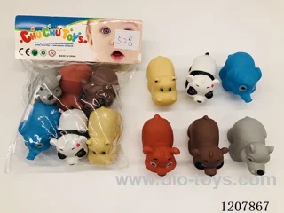 Vinyl animal water toys six packed with earth whistle.