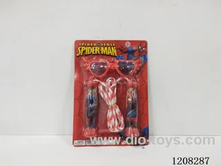 Spider-Man jumps rope with glasses.