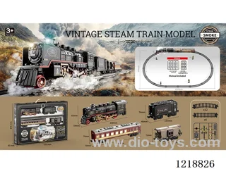 Vintage Steam Train Model(1 car + 1 coach light car + 1 coal car + 1 dining car + 12 curved rails + 4 straight rails + 48 locks + 2 traffic lights)