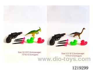 Dinosaur *1, revolver with 3 bullets, duck *2