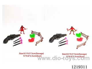 Caveman*1, Revolver with 3 bullets, Ducks*2, Fence*3