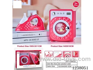 Home Appliances set-washing machine: light/sound/rotation; Iron: vibration/water spray -2AA+2AA not included
