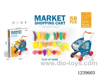 Blue Shopping Cart with Fruits and Vegetables