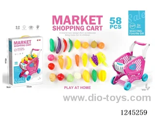 Pink shopping trolley with fruits and vegetables