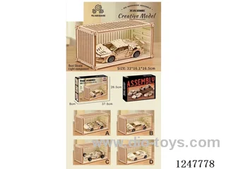 Wooden assembled pull back car model cargo display set (with light)
