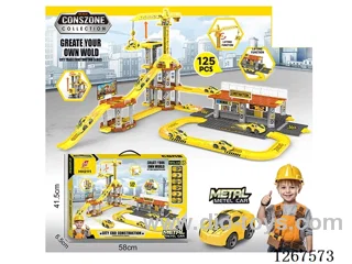 Crane Tower + Container Gas Station Launch Pad Alloy Track (125PCS) with 6 Small Cars