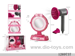 Large Vanity Table and Hair Dryer Set (Vanity Table features: lights and sound effects; requires 3 AAA batteries, not included / Hair Dryer features: electric; requires 2 AA batteries, not included)