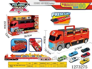 Launchable Transformable Fire Truck with 4 Cars, 1:64 Die-Cast Race Cars