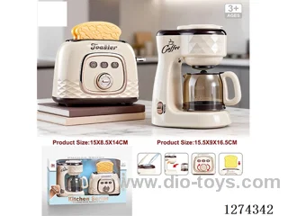 Toaster: Bread popping, Bell sound; Coffee Maker: Lights, Music, Drip sound / 2AA (batteries not included)