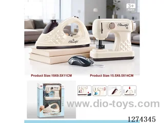 Sewing machine: Lights, simulated movement; Iron: Water spray, vibration / 2AA + 2AA not included