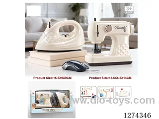 Sewing machine: Lights, simulated motion; Iron: Vibration / 2AA + 2AA not included