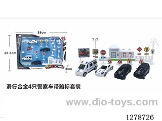 Free Wheel Alloy: 4 Police Cars with Road Signs