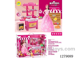 kitchen set with 11 inch articulated Barbie doll(lights, sound, not included battery)