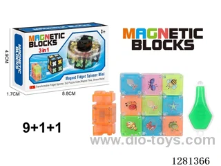 Solid-Color Glow-in-the-Dark Magnetic Spinner (4 Styles, 4 Colors) (Yellow + Green + Blue + Pink) 9 Magnetic Blocks + 1 Spinner + 1 Light