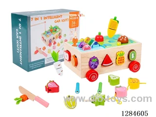 Wooden Fishing, Carrot Pulling, Fruit & Veggie Stringing, and Cutting Fun Intelligence Car