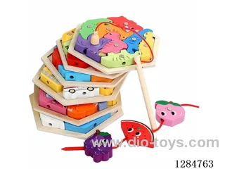 Wooden 3D Puzzle, Fishing Game, and Lacing Activity 3-in-1