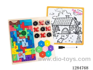 Wooden Tetris, Tic-Tac-Toe, and Shape Building Blocks Writing Board 4-in-1