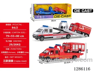 Alloy trailer + fire truck - pull-back large car, free wheel small car - 3 mixed