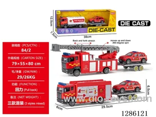 Alloy fire truck trailer - pull-back - 3 mixed