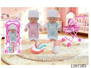 2 mixed 10-inch Dolls with 4-Voice IC + Tent Stroller + Bottle + Set of Knife, Fork, Spoon, and Plate