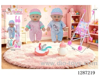 2 mixed 10-inch dolls with 4-voice IC + stroller + bottle + knife, fork, spoon, and plate