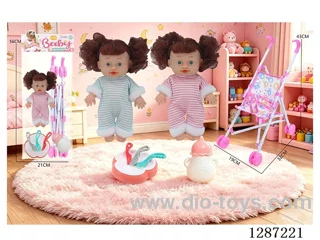 2 mixed 10-inch dolls with 4-voice IC + stroller + bottle + knife, fork, spoon, and plate