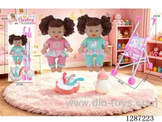2 mixed 10-inch dolls with 4-voice IC + stroller + bottle + knife, fork, spoon, and plate
