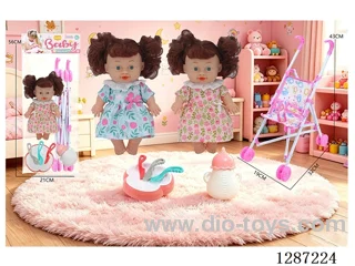 2 mixed 10-inch dolls with 4-voice IC + stroller + bottle + knife, fork, spoon, and plate