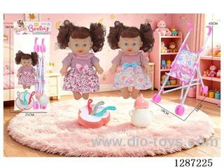 2 mixed 10-inch dolls with 4-voice IC + stroller + bottle + knife, fork, spoon, and plate