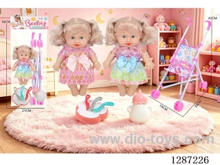2 mixed 10-inch dolls with 4-voice IC + stroller + bottle + knife, fork, spoon, and plate