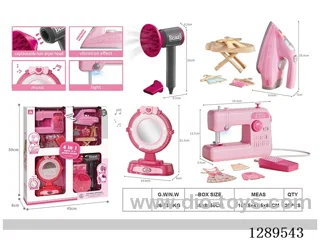 Hair Dryer, Sewing Machine, Iron, and Makeup Mirror Large Box Set (Electric with lights and sound effects; hair dryer requires 2 AA batteries not included / iron requires 2 AA batteries not included / sewing machine requires 2 AA batteries not included / vanity table requires 3 AAA batteries not inc