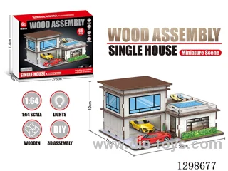 Wooden Toy Assembly Model Villa Scene + 2 random pull back cars