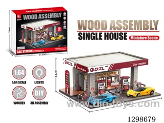 Wooden Toy Assembly Model Gas Station Scene + 2 random pull back cars