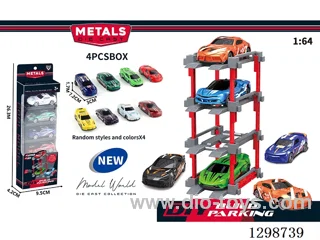 1:64 free wheel Die-Cast car DIY Parking Lot Set 4 Cars with 4 Parking Spaces