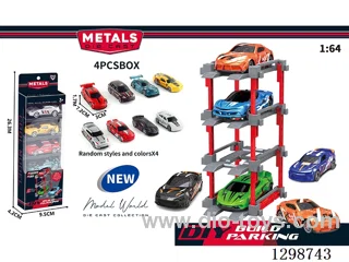 1:64 free wheel Die-Cast car DIY Parking Lot Set 4 Cars with 4 Parking Spaces