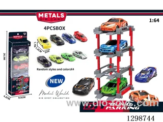 1:64 free wheel Die-Cast car DIY Parking Lot Set 4 Cars with 4 Parking Spaces