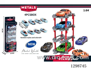 1:64 free wheel Die-Cast car DIY Parking Lot Set 4 Cars with 4 Parking Spaces