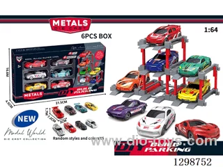 1:64 free wheel Die-Cast car DIY Parking Lot Set 6 Cars with 6 Parking Spaces