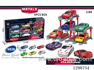 1:64 free wheel Die-Cast car DIY Parking Lot Set 6 Cars with 6 Parking Spaces