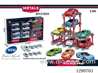 1:64 free wheel Die-Cast car DIY Parking Lot Set 8 Cars with 8 Parking Spaces