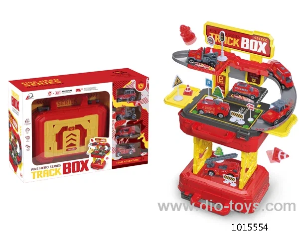 2 in 1 Fire fighting track parking lot with 6 pcs car in Window box