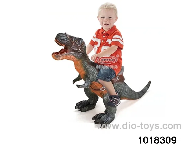 Children ride oversized dinosaurs in pe bag with header