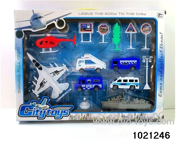 Airport set (fighter plane back, car skidding) in window box